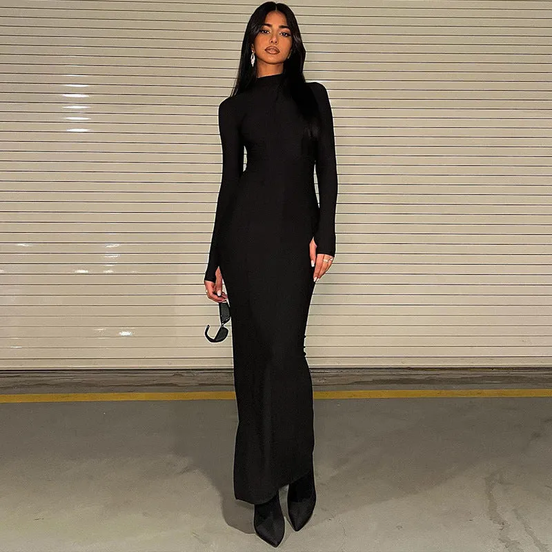 10753 Elegant Solid O Neck Long Sleeve Bodycon Slit Women Maxi Dress Evening Party Club Outfit 2023 New Arrival Women Clothes