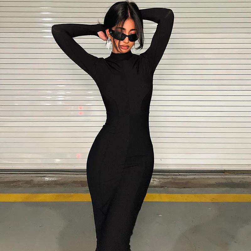 10753 Elegant Solid O Neck Long Sleeve Bodycon Slit Women Maxi Dress Evening Party Club Outfit 2023 New Arrival Women Clothes