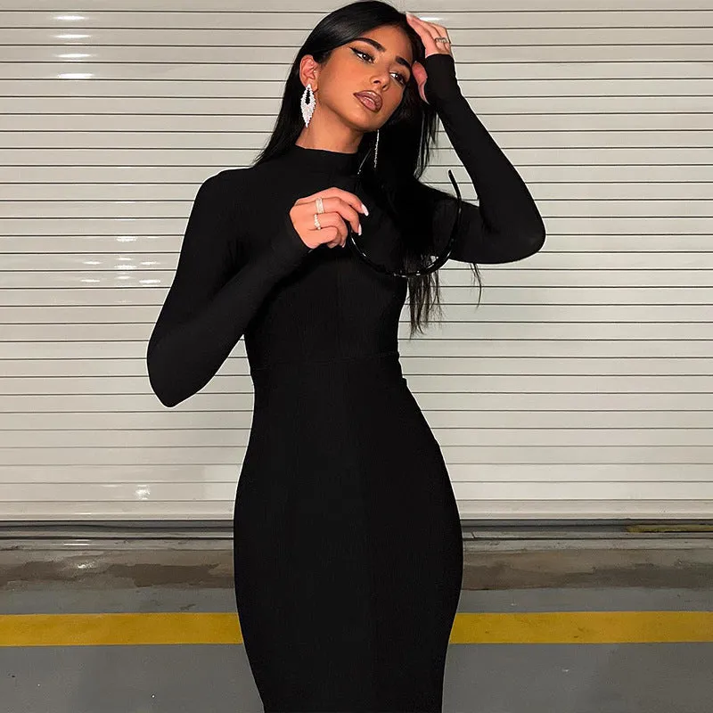 10753 Elegant Solid O Neck Long Sleeve Bodycon Slit Women Maxi Dress Evening Party Club Outfit 2023 New Arrival Women Clothes