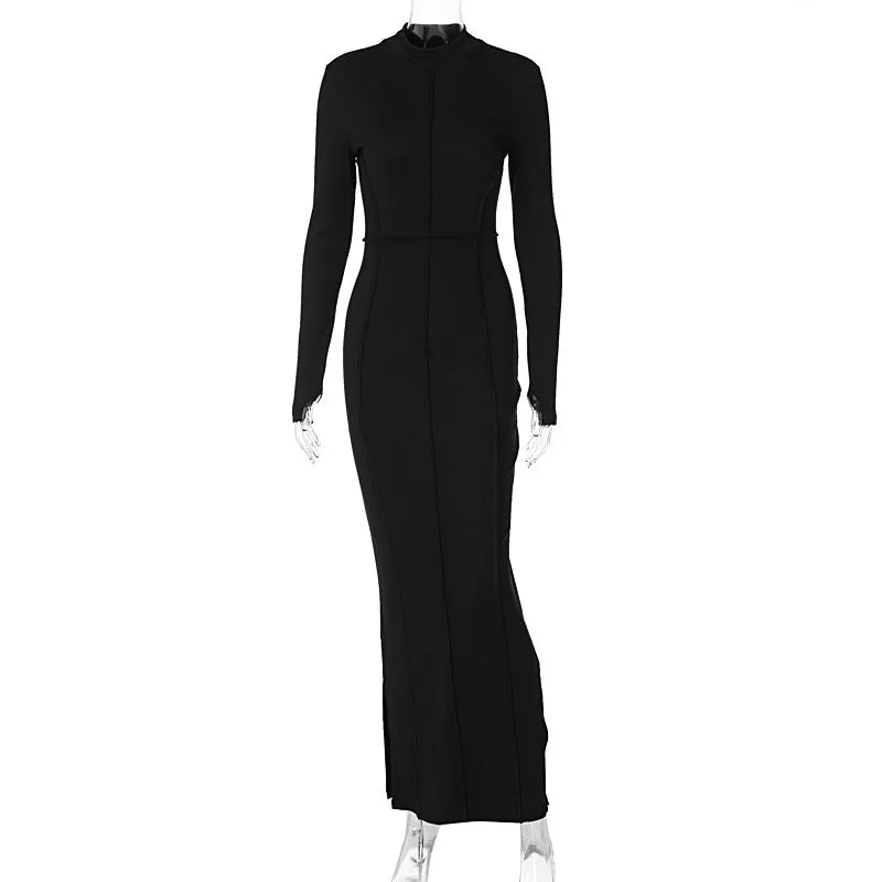 10753 Elegant Solid O Neck Long Sleeve Bodycon Slit Women Maxi Dress Evening Party Club Outfit 2023 New Arrival Women Clothes