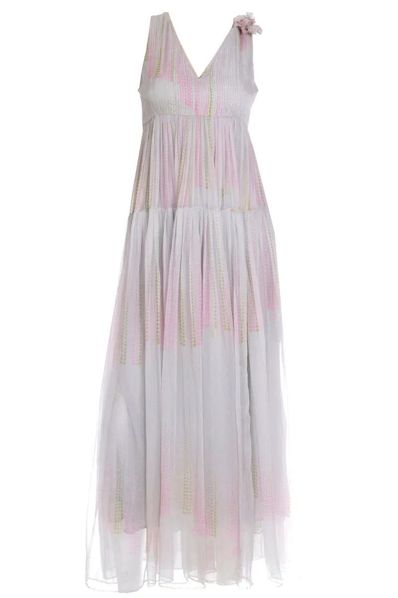 1970s André Laug For Audrey Silk Chiffon Pastel Dot Maxi Dress