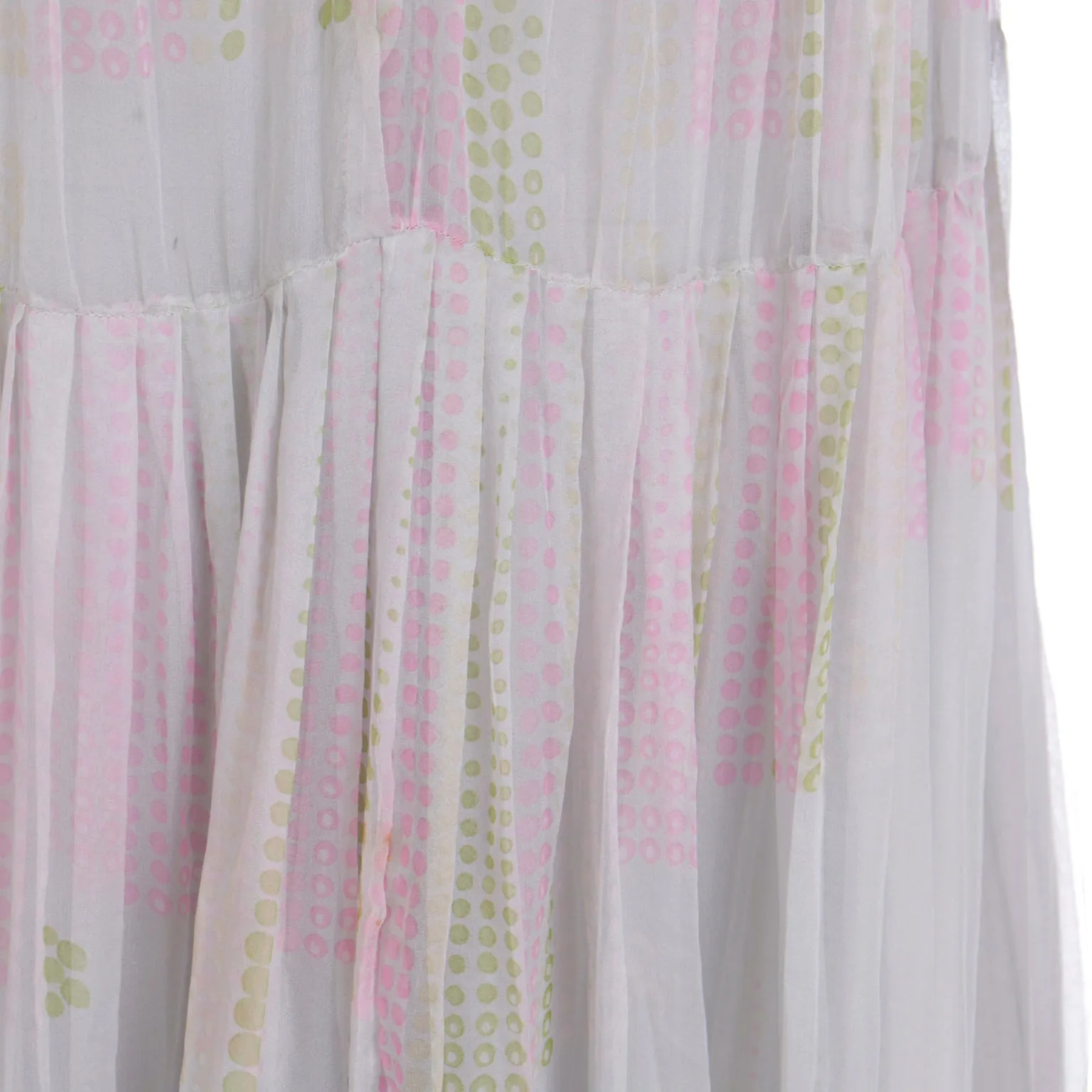 1970s André Laug For Audrey Silk Chiffon Pastel Dot Maxi Dress