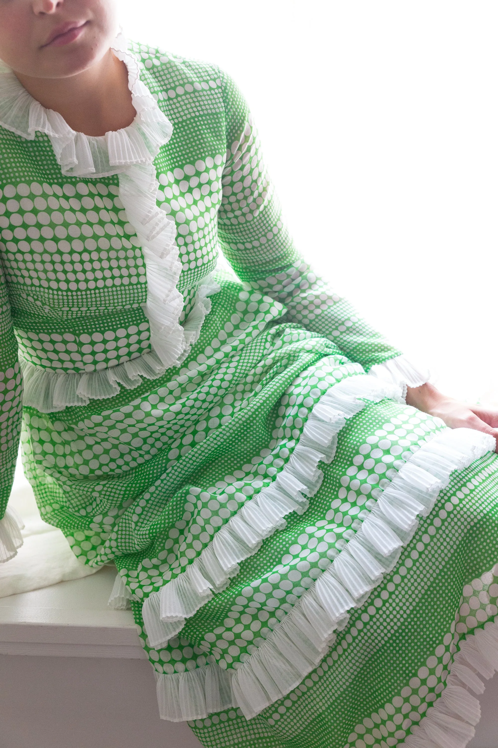 1970's Green and White Polka Dot Garden Party Maxi Dress / Waist 26