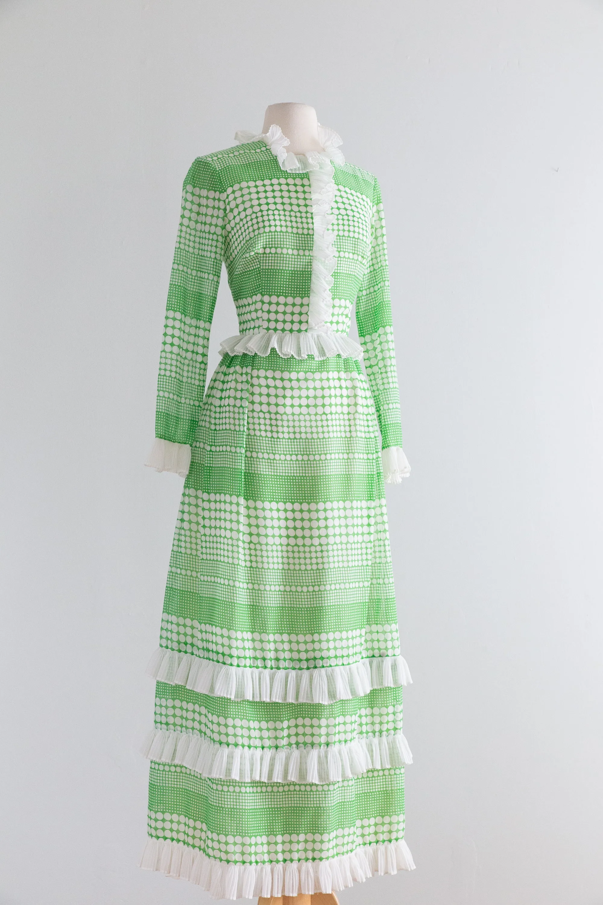 1970's Green and White Polka Dot Garden Party Maxi Dress / Waist 26