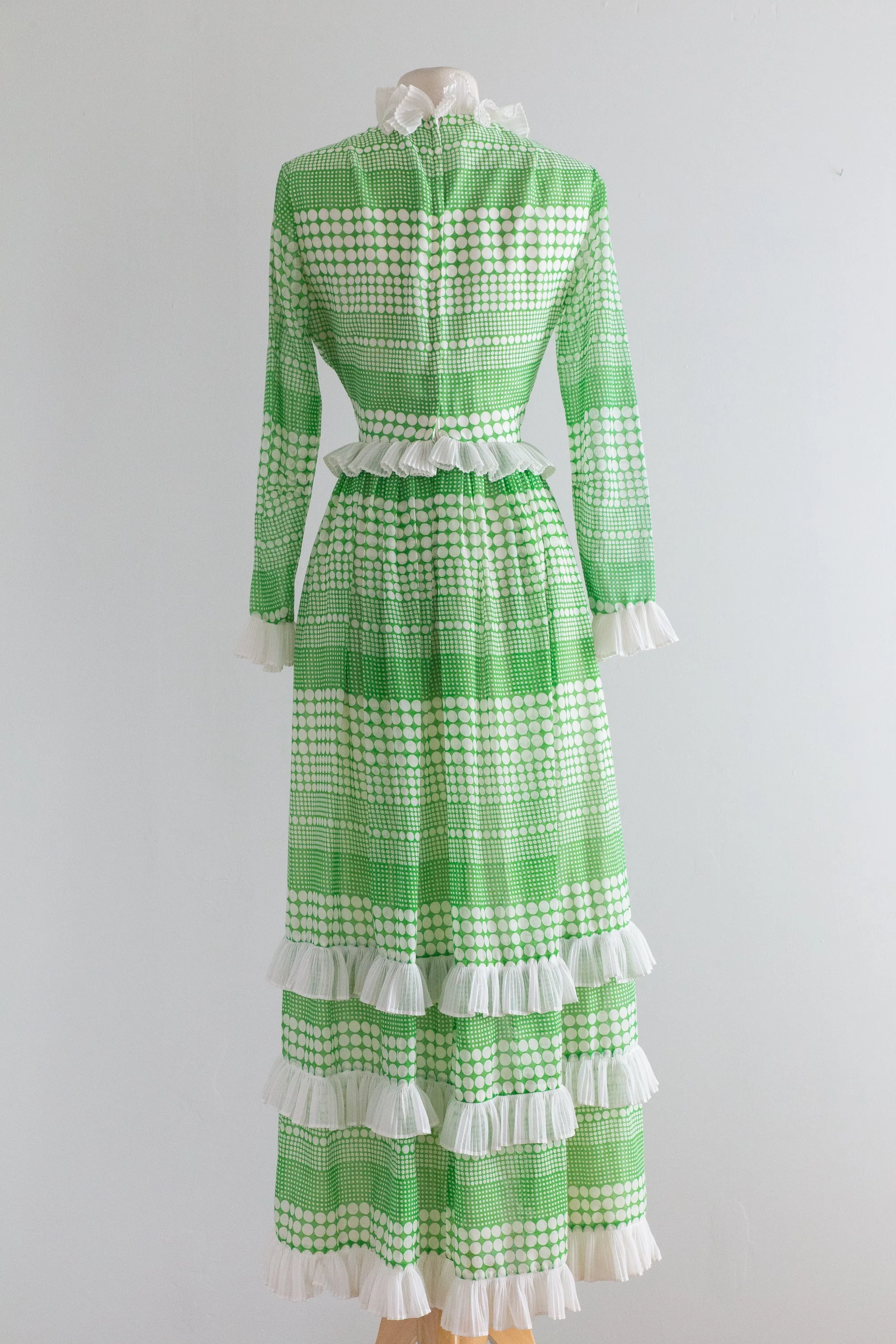 1970's Green and White Polka Dot Garden Party Maxi Dress / Waist 26