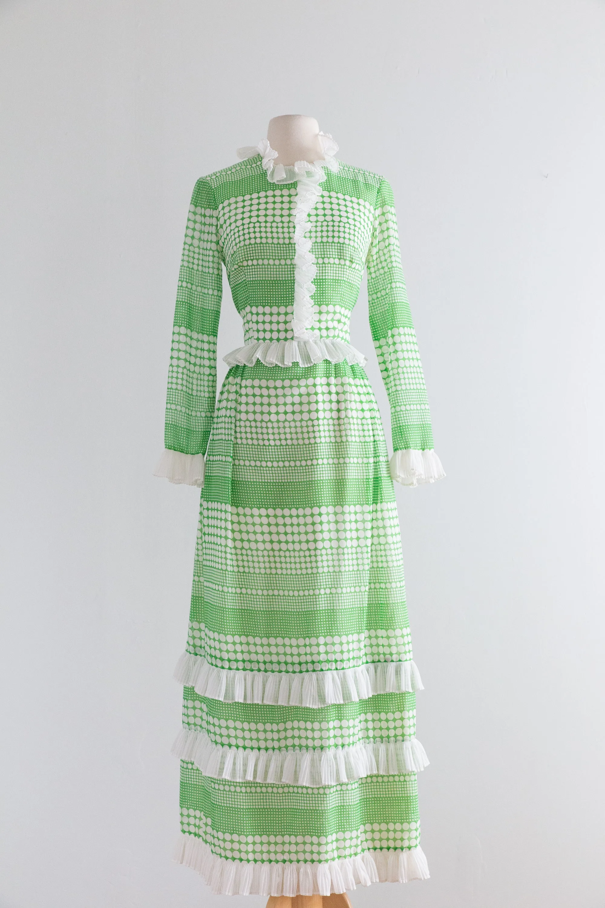 1970's Green and White Polka Dot Garden Party Maxi Dress / Waist 26