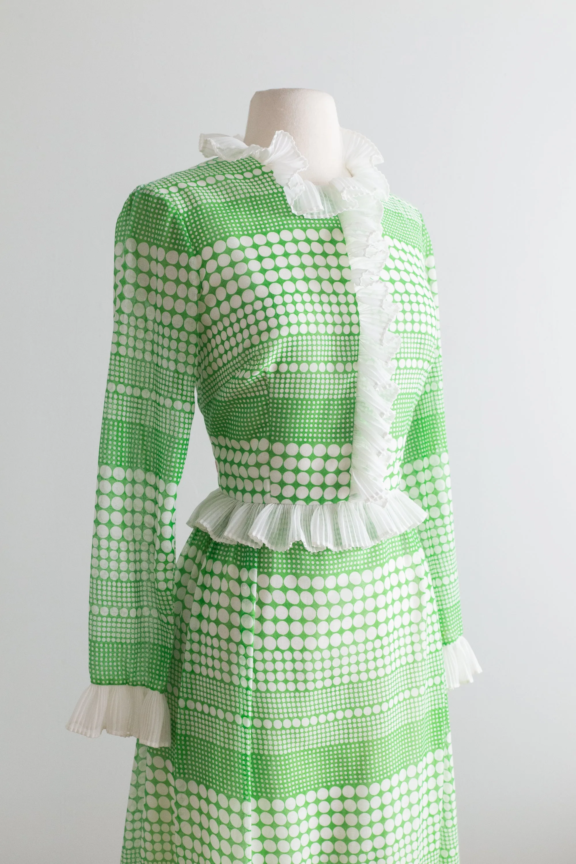 1970's Green and White Polka Dot Garden Party Maxi Dress / Waist 26