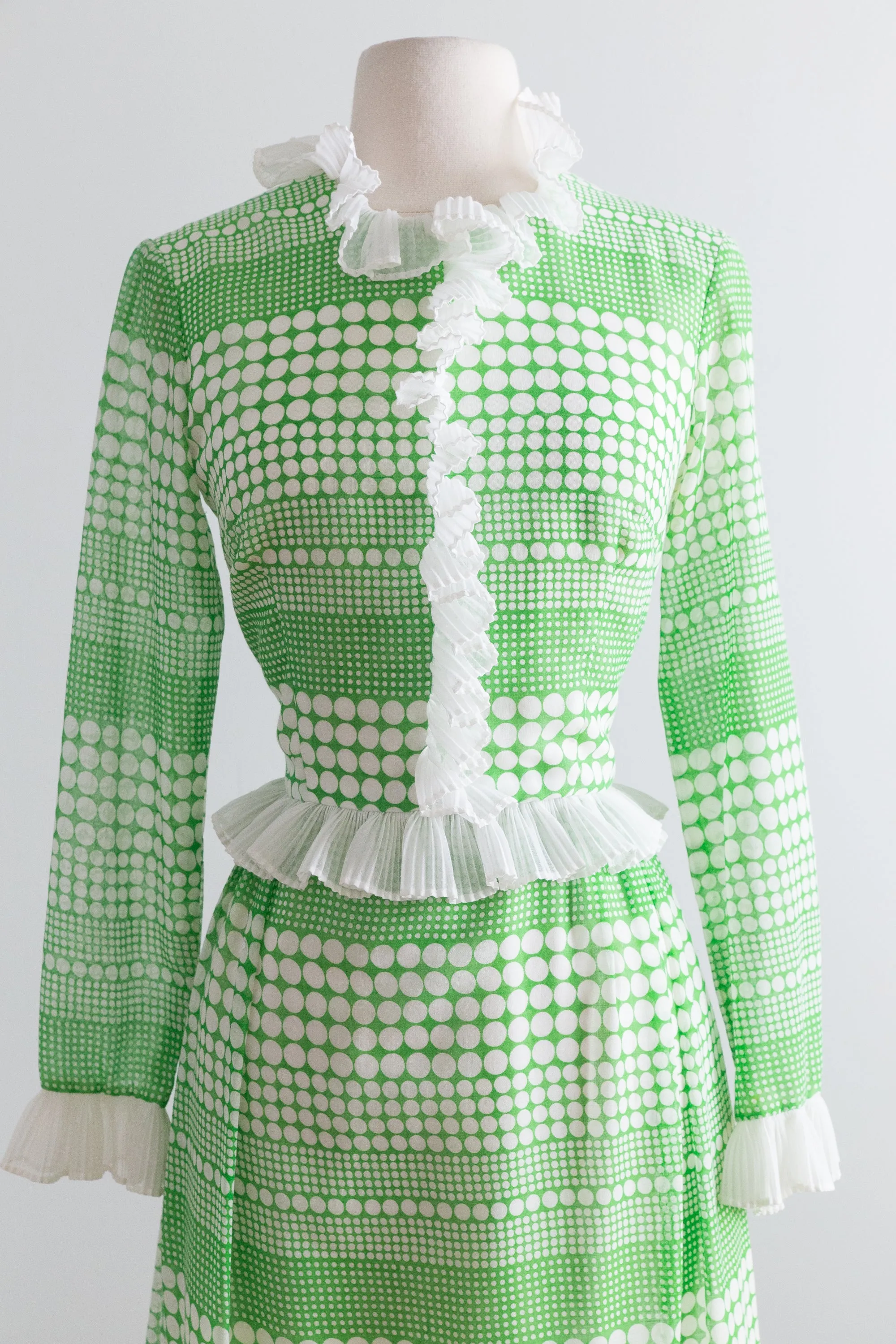 1970's Green and White Polka Dot Garden Party Maxi Dress / Waist 26