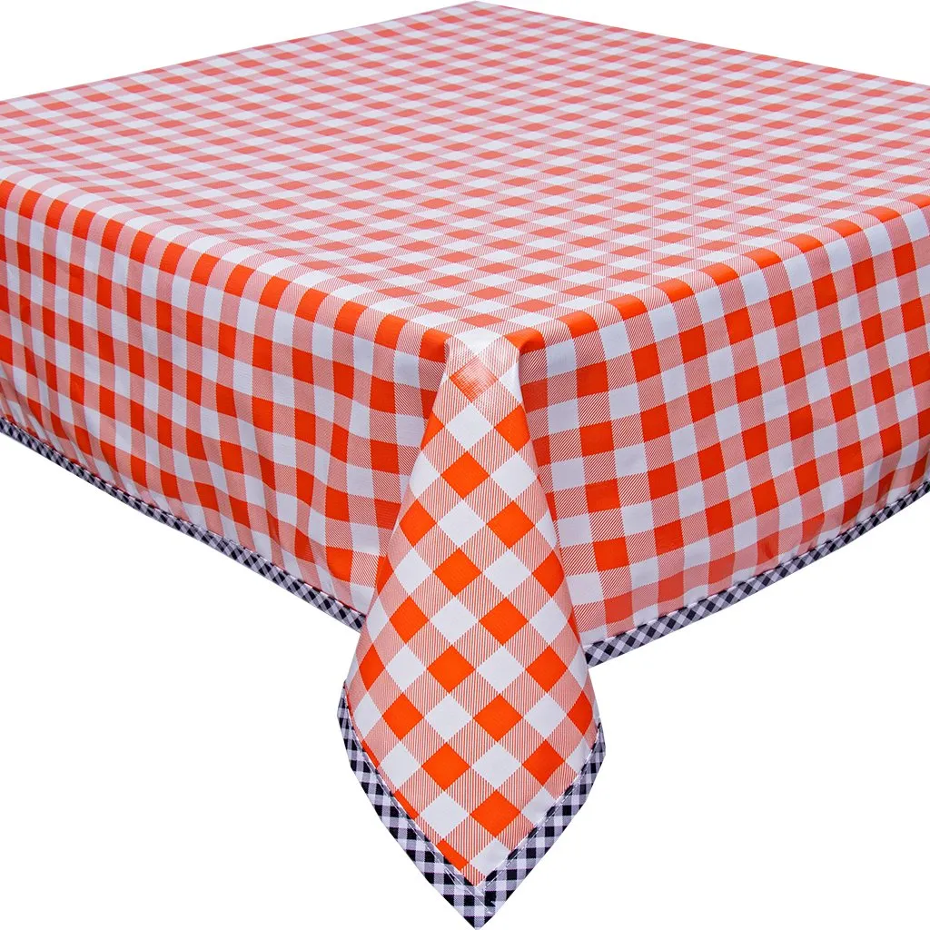 48 x 48 Large Gingham Orange Oilcloth Tablecloth with Black Gingham Trim