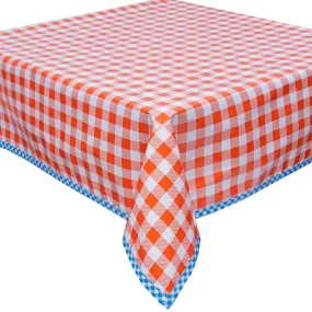 48 x 48 Large Gingham Orange Oilcloth Tablecloth with Light Blue Gingham Trim