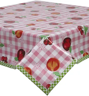 55 x 55 Fruit and Gingham Pink Oilcloth Tablecloth with Lime Gingham Trim