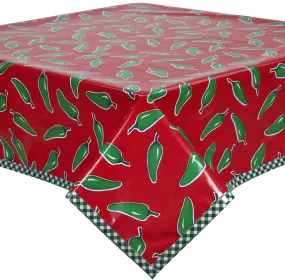 55 x 55 Square Jalapeños on Red Oilcloth Tablecloth with Green Gingham Trim