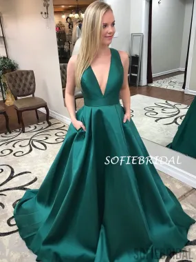 A-line Deep V-neck Sleeveless Long Prom Dresses With Pockets, PD1024