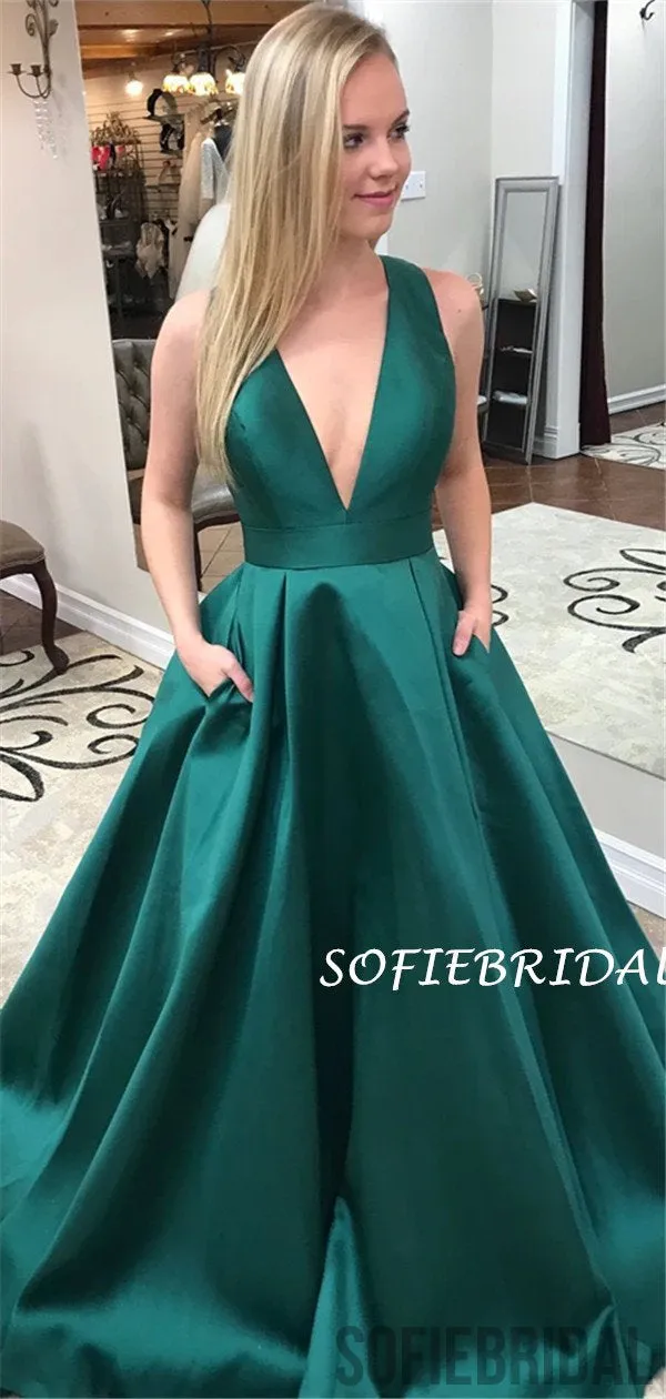 A-line Deep V-neck Sleeveless Long Prom Dresses With Pockets, PD1024