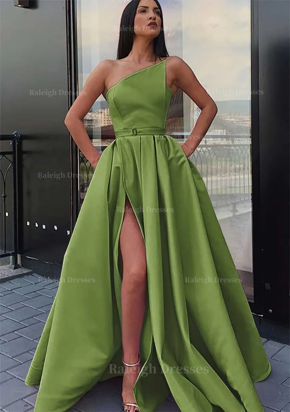 A-line One-Shoulder Long/Floor-Length Satin Prom Dress With Pockets Waistband Split