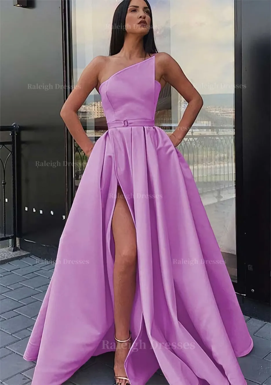 A-line One-Shoulder Long/Floor-Length Satin Prom Dress With Pockets Waistband Split