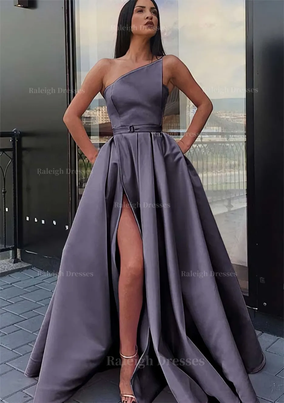 A-line One-Shoulder Long/Floor-Length Satin Prom Dress With Pockets Waistband Split