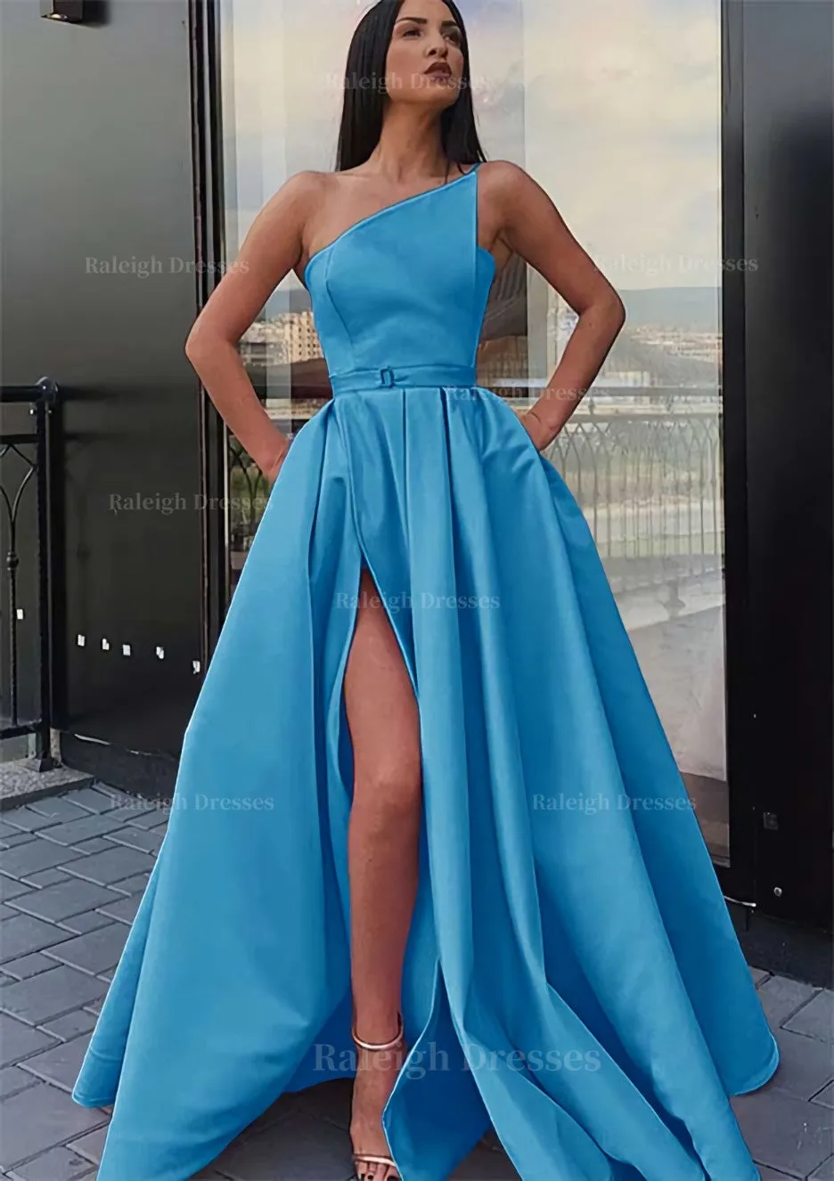 A-line One-Shoulder Long/Floor-Length Satin Prom Dress With Pockets Waistband Split