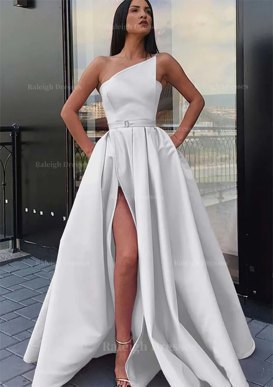 A-line One-Shoulder Long/Floor-Length Satin Prom Dress With Pockets Waistband Split