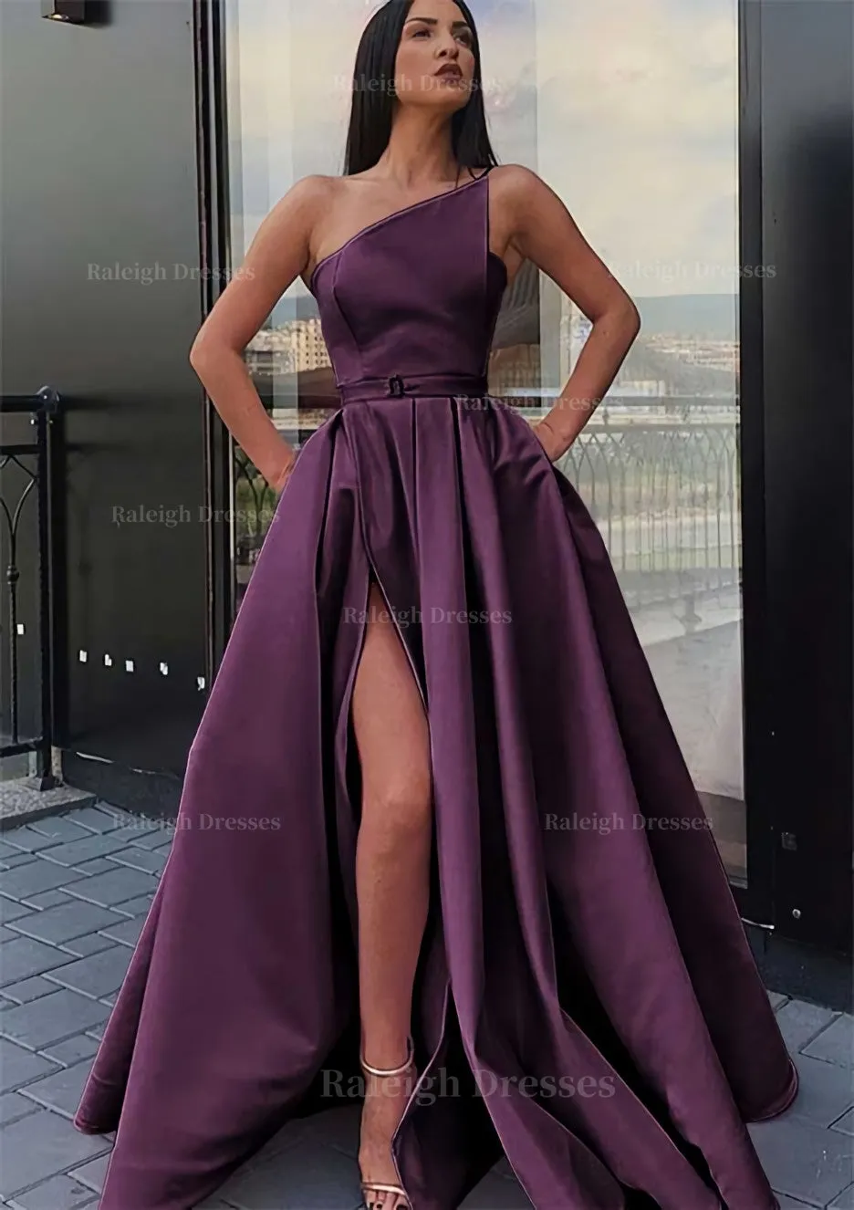 A-line One-Shoulder Long/Floor-Length Satin Prom Dress With Pockets Waistband Split