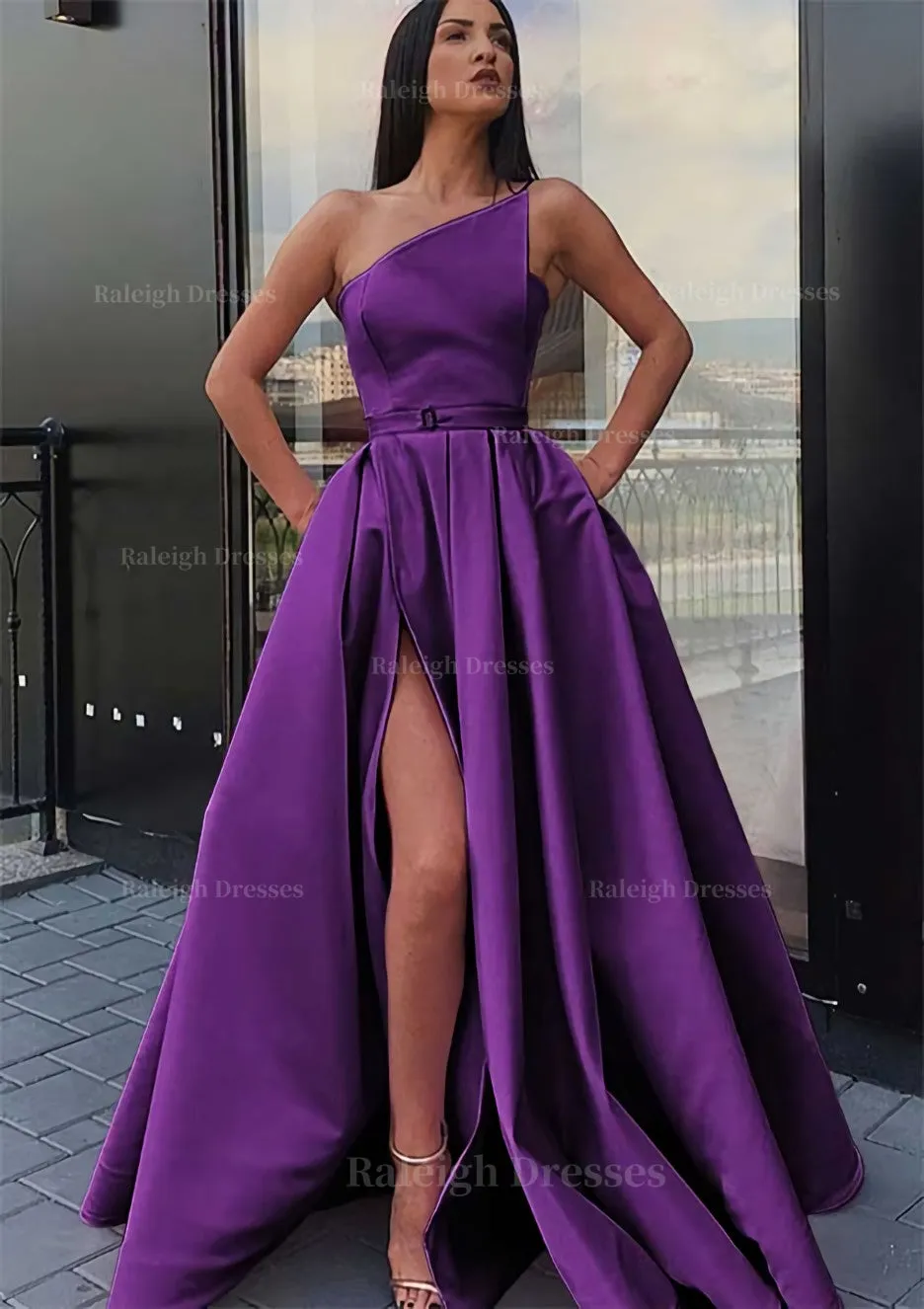 A-line One-Shoulder Long/Floor-Length Satin Prom Dress With Pockets Waistband Split