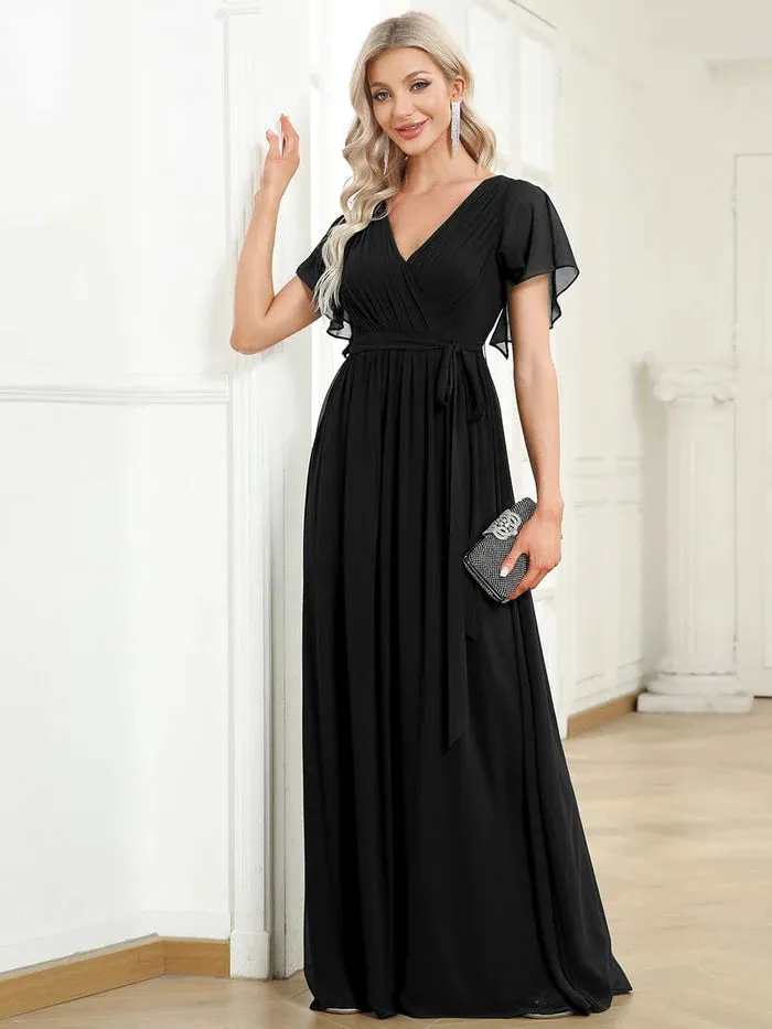 A-Line Pleated Chiffon Tie-Waist Evening Dress