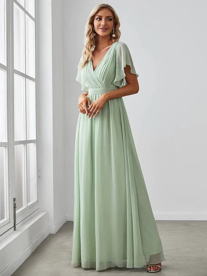 A-Line Pleated Chiffon Tie-Waist Evening Dress