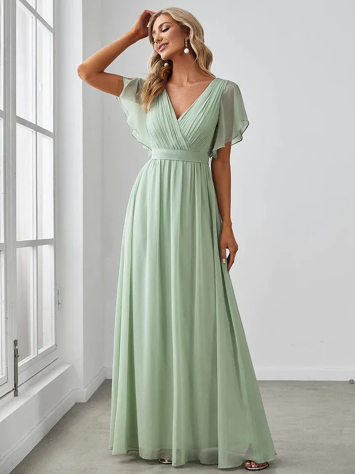 A-Line Pleated Chiffon Tie-Waist Evening Dress