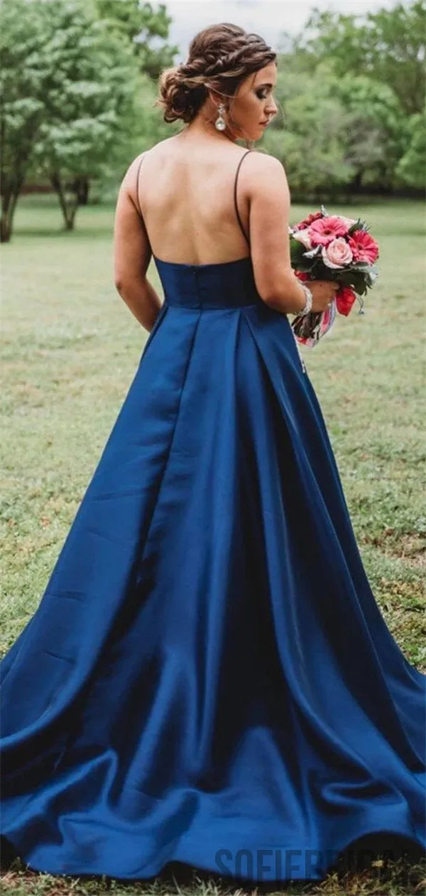 A-line Spaghettie Straps V-neck Backless Prom Dresses With Pockets, PD0112