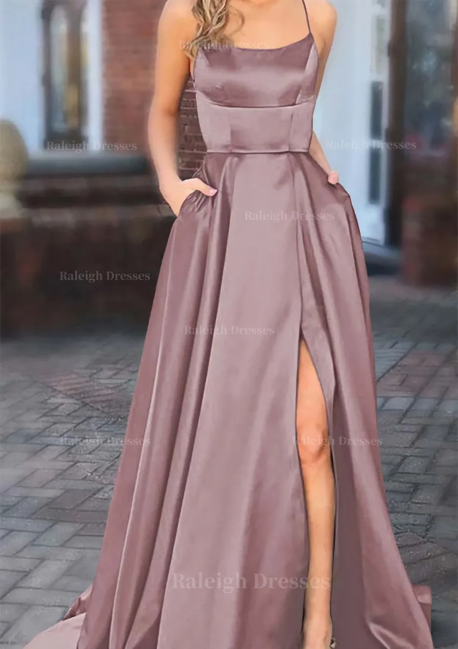 A-line Square Neckline Spaghetti Straps Sweep Train Charmeuse Prom Dress With Pockets Split