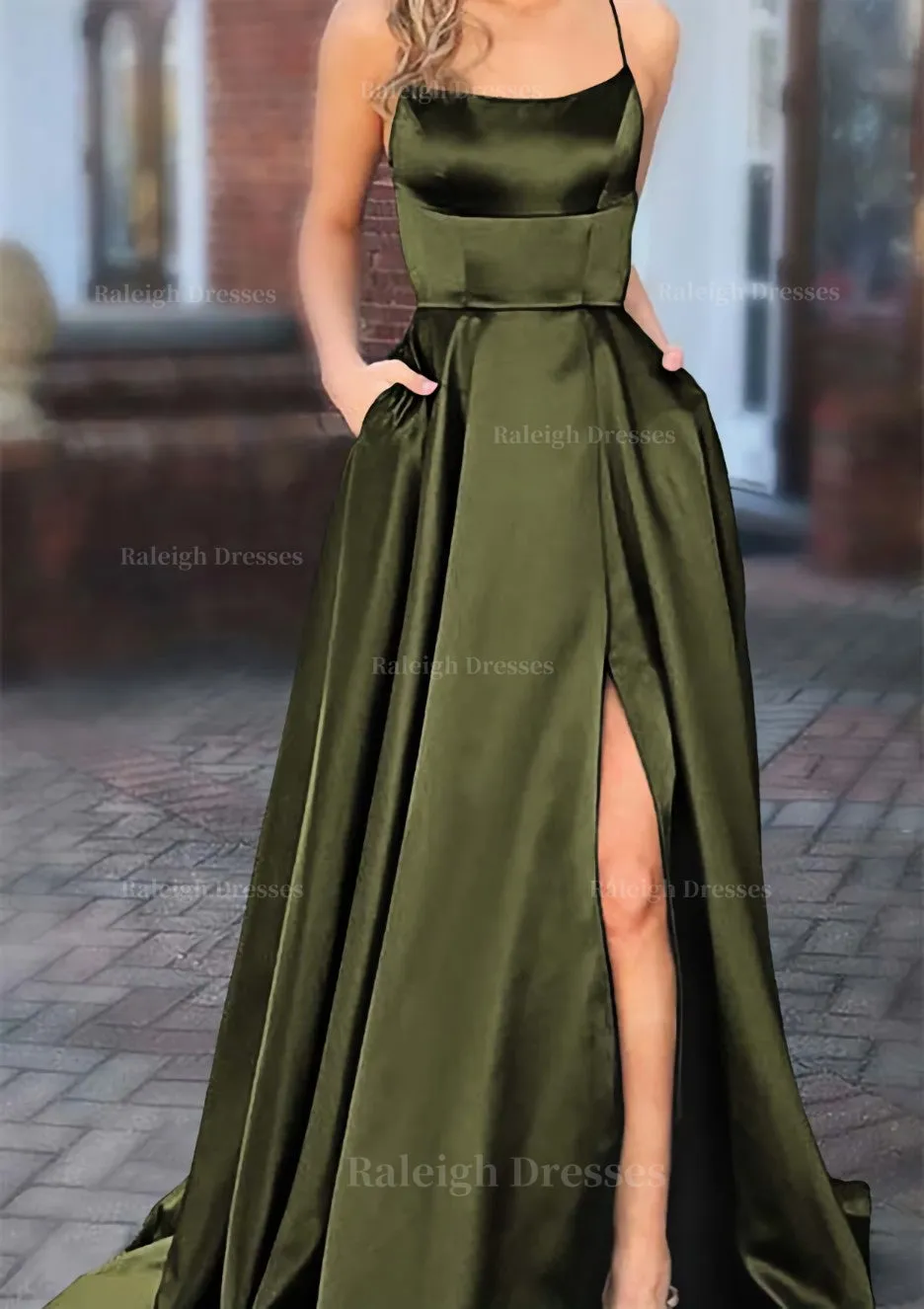 A-line Square Neckline Spaghetti Straps Sweep Train Charmeuse Prom Dress With Pockets Split