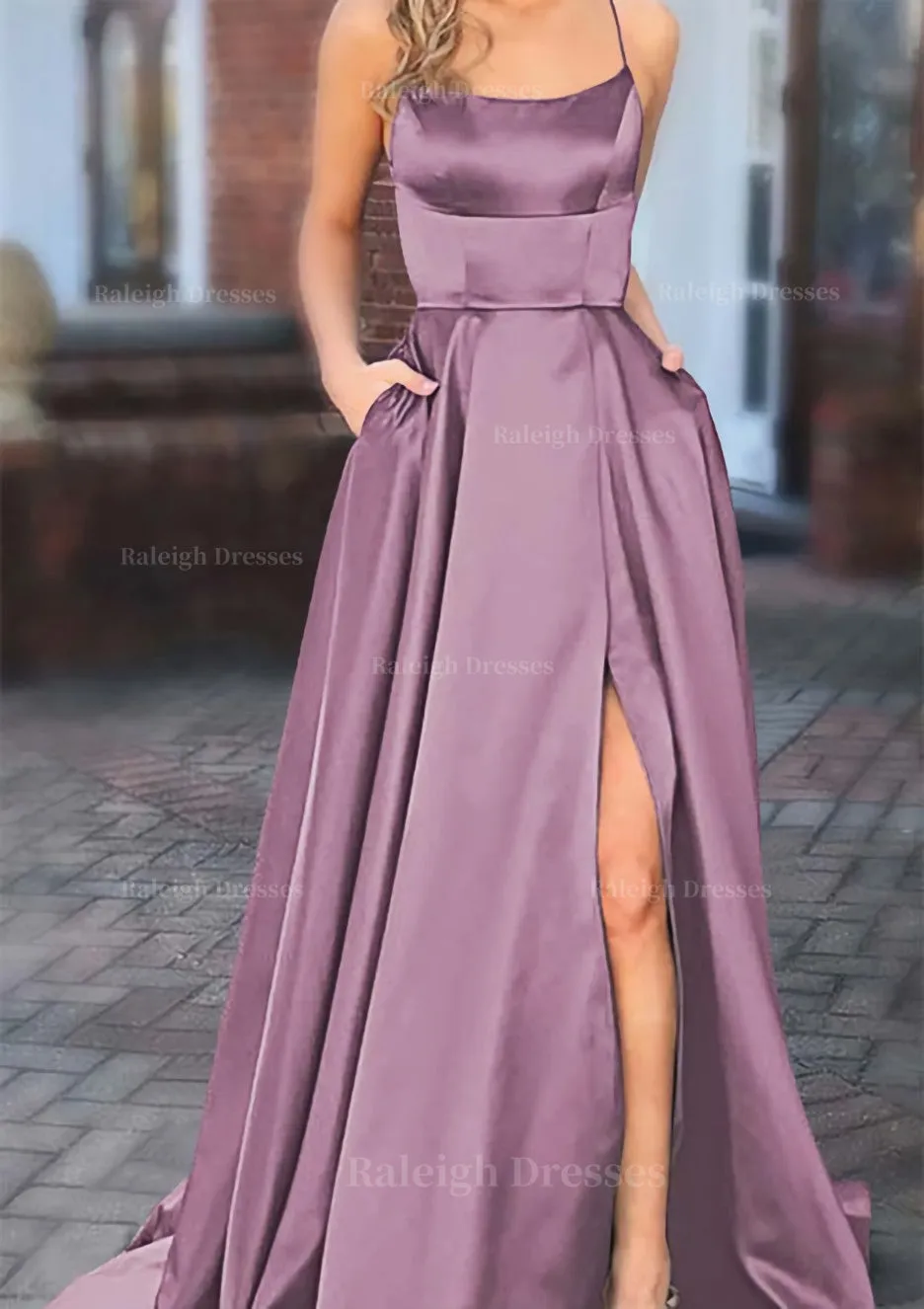 A-line Square Neckline Spaghetti Straps Sweep Train Charmeuse Prom Dress With Pockets Split