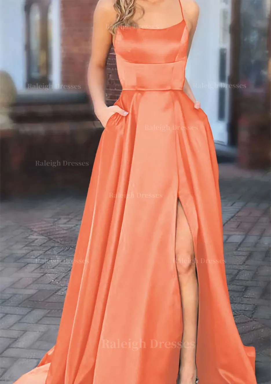 A-line Square Neckline Spaghetti Straps Sweep Train Charmeuse Prom Dress With Pockets Split