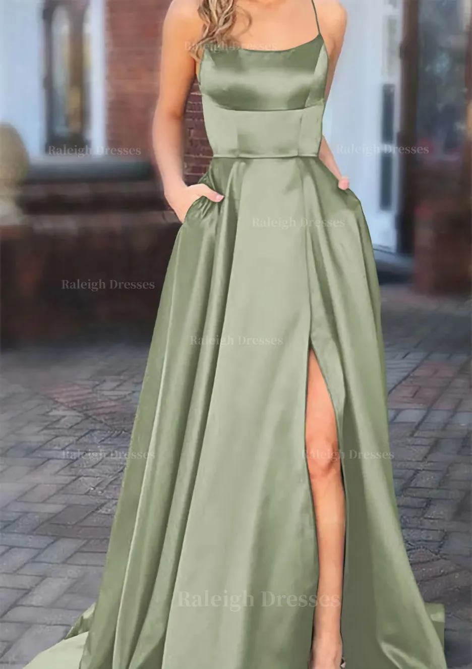 A-line Square Neckline Spaghetti Straps Sweep Train Charmeuse Prom Dress With Pockets Split