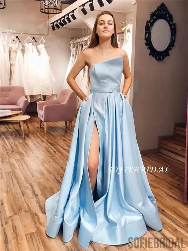 A-line Strapless Split Long Light Blue Prom Dresses With Pockets, PD1047