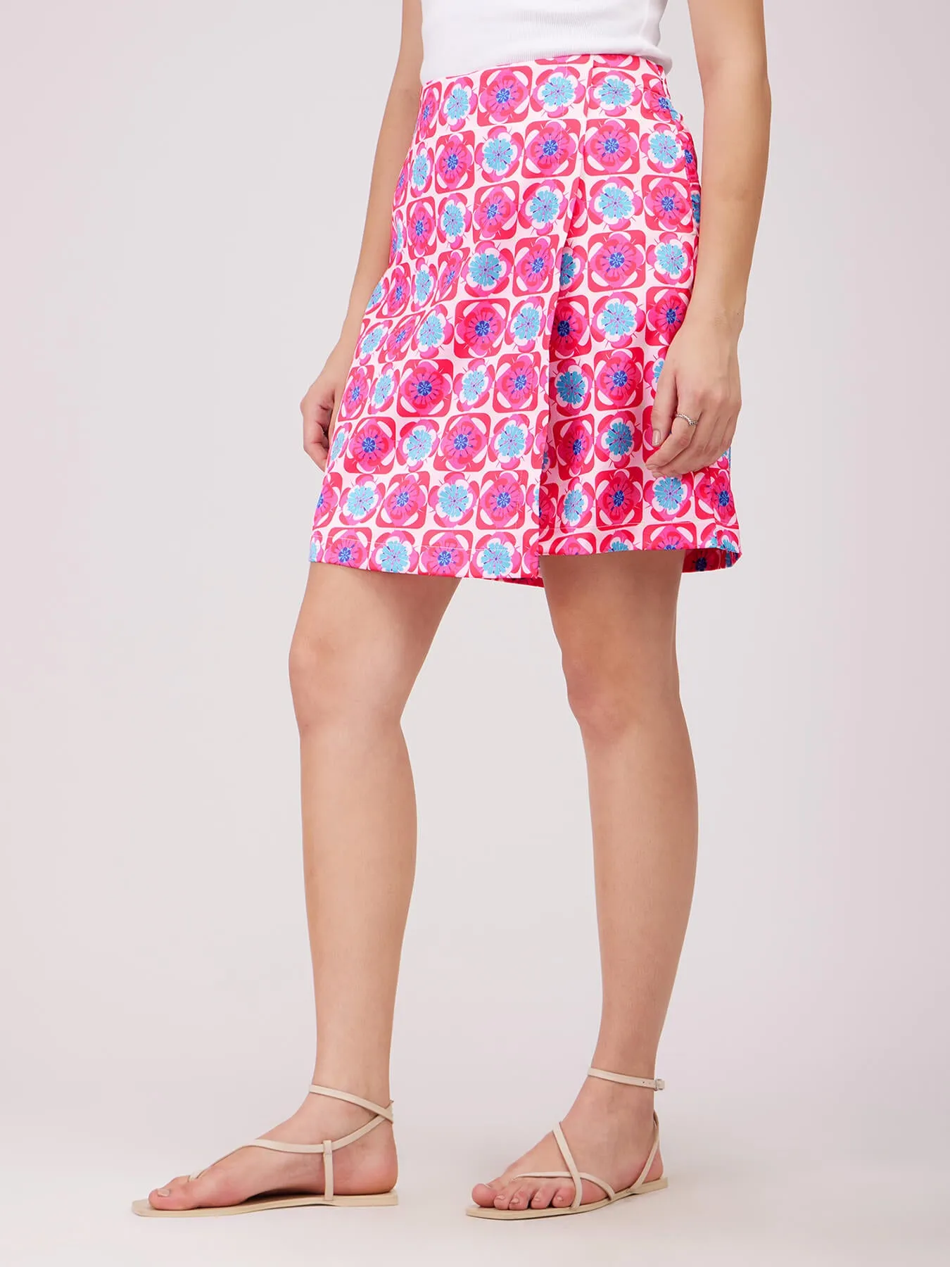 Abstract Print Satin Skort - Fuchsia