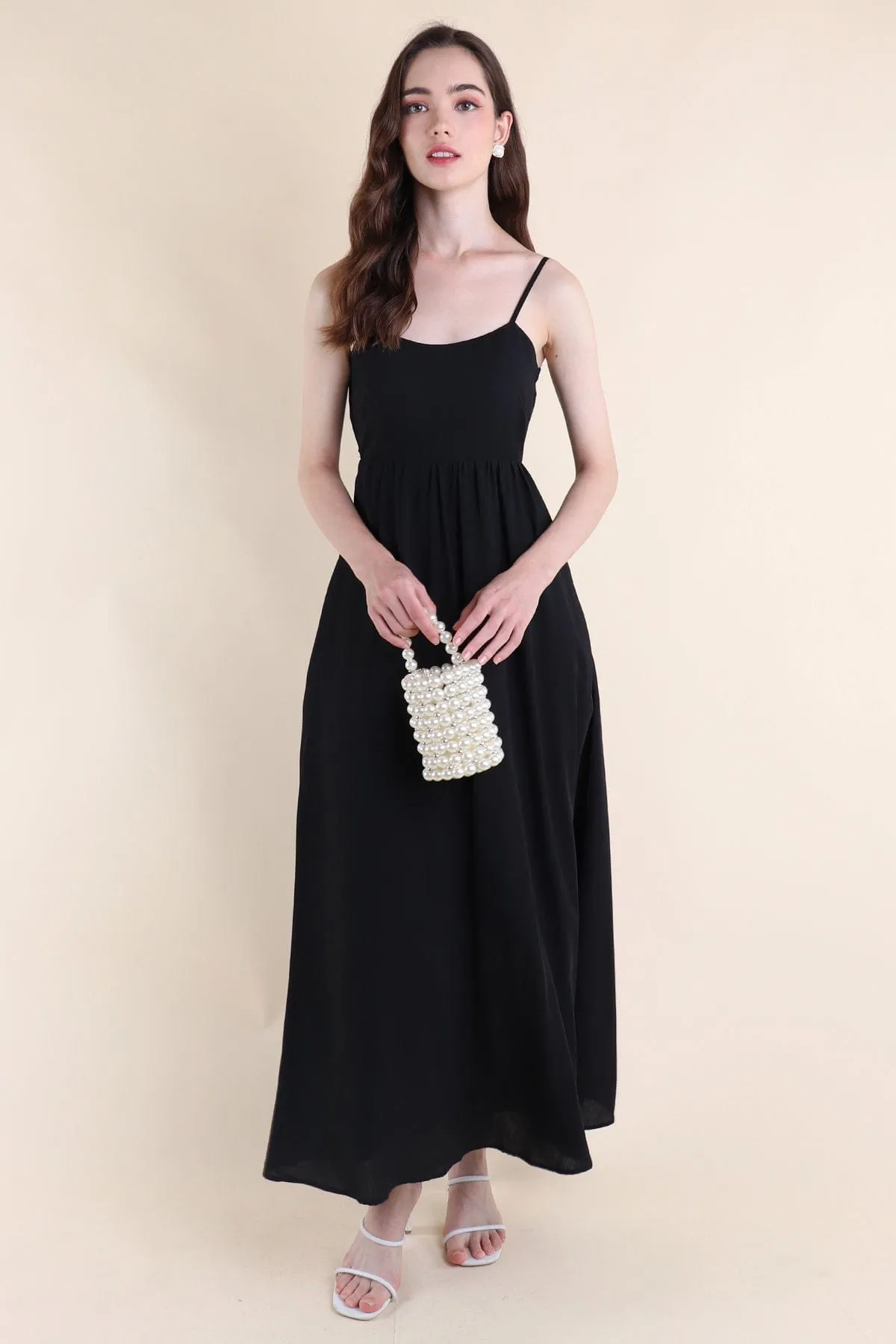 AMOUR TIE-BACK MAXI DRESS IN BLACK