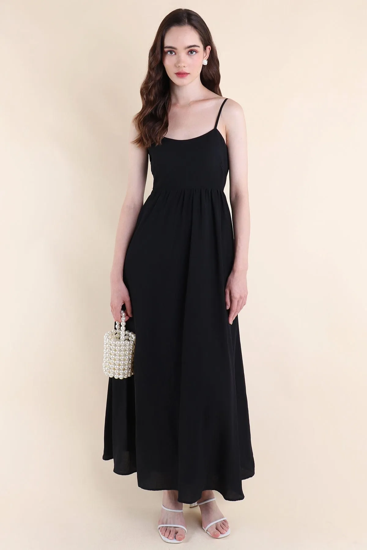 AMOUR TIE-BACK MAXI DRESS IN BLACK