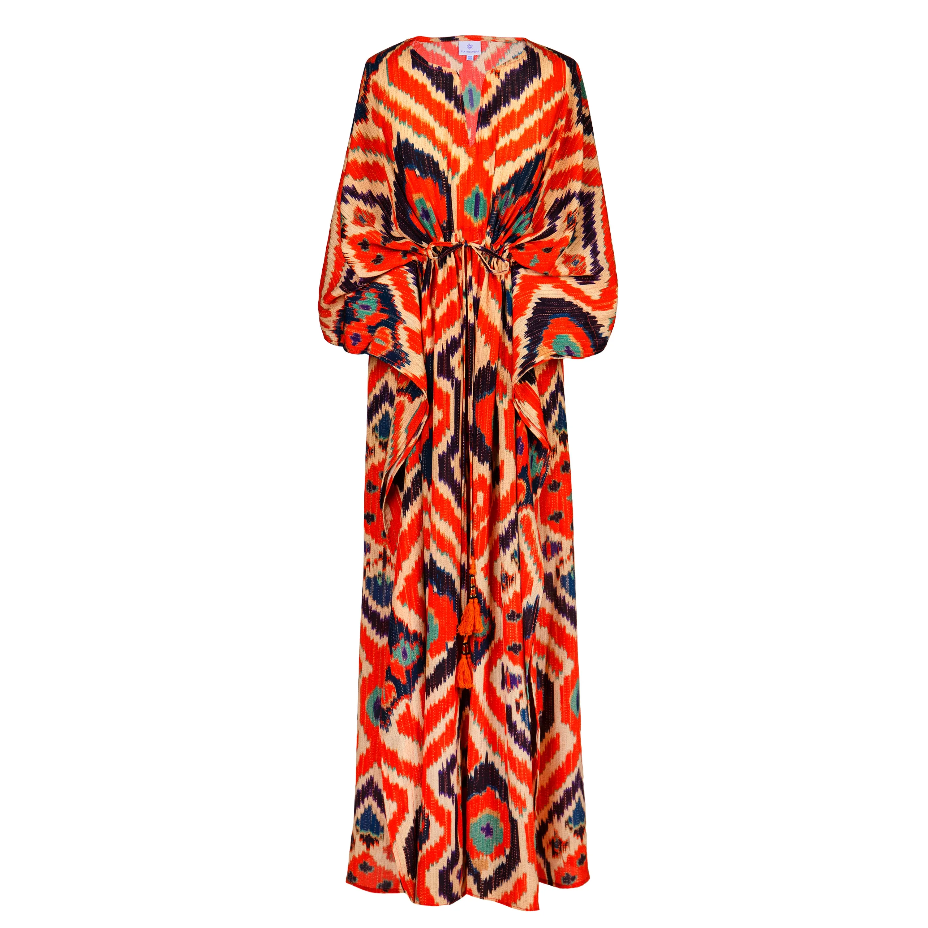 Angelo Tangelo Ikat Italian Silk Maxi Kaftan Dress