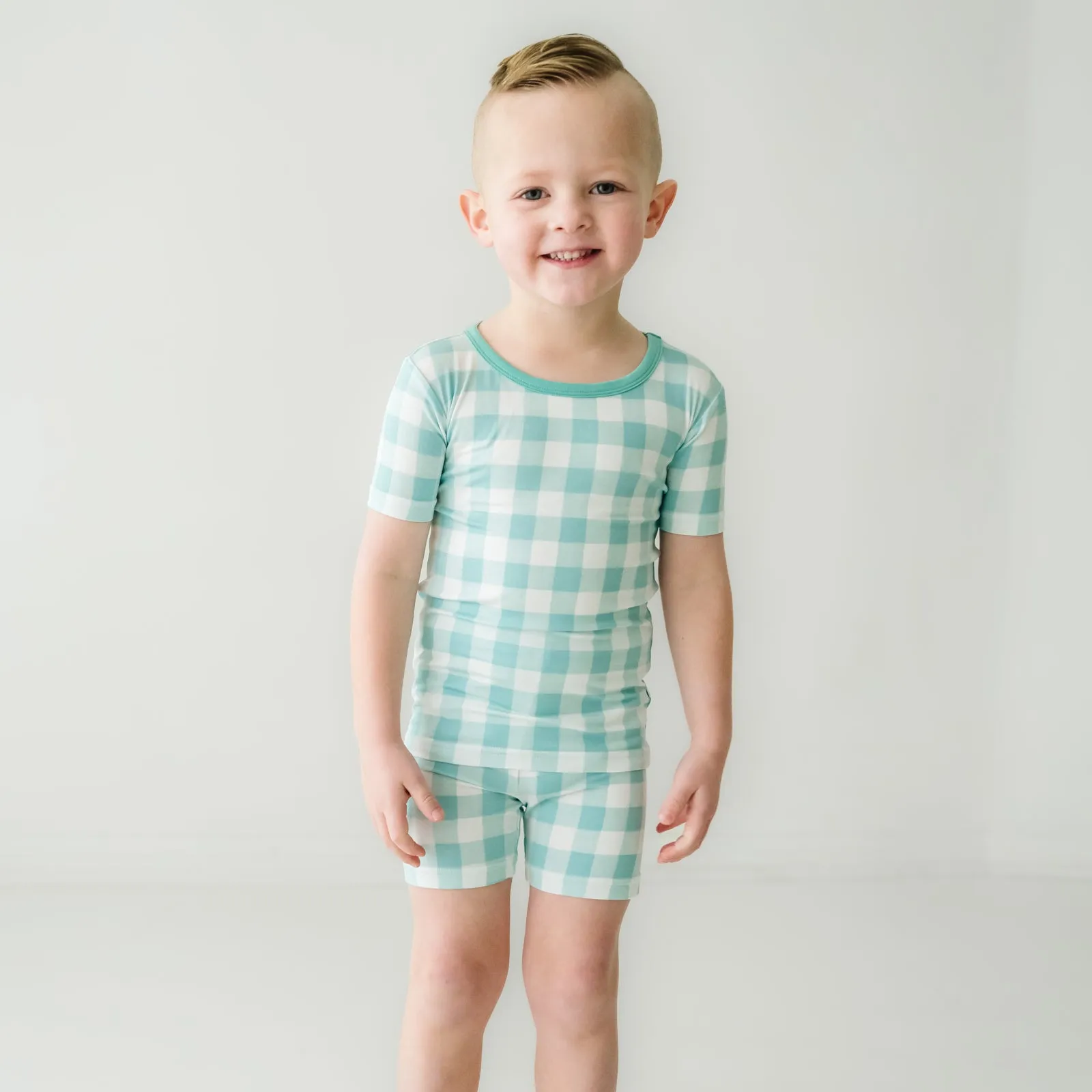 Aqua Gingham Two-Piece Short Sleeve & Shorts Pajama Set