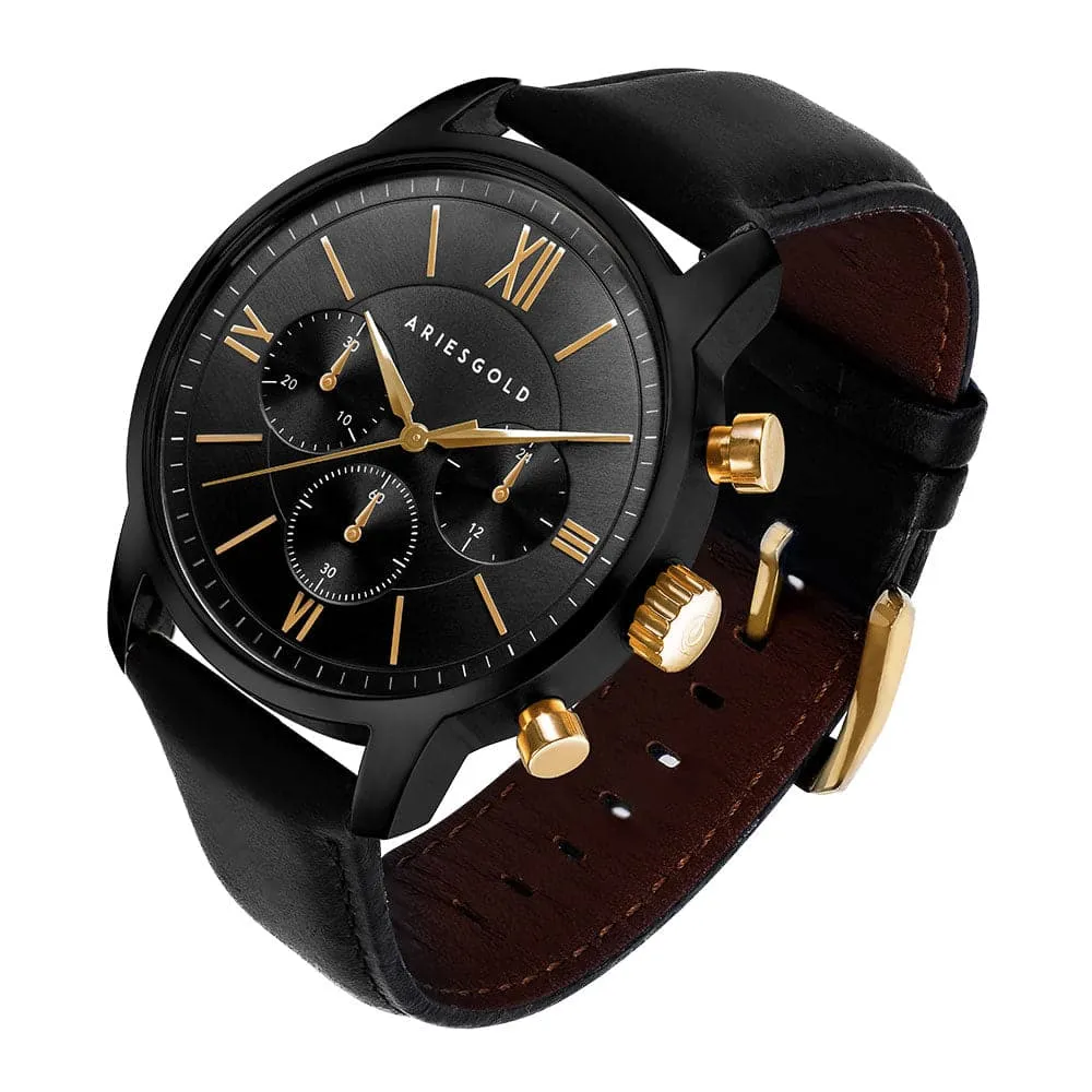 ARIES GOLD URBAN ETERNAL BLACK STAINLESS STEEL G 1027 BKG-BKG BLACK LEATHER STRAP MEN'S WATCH