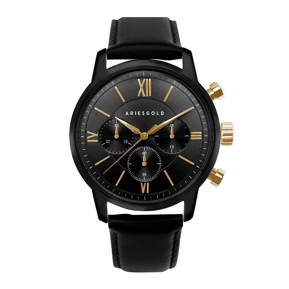 ARIES GOLD URBAN ETERNAL BLACK STAINLESS STEEL G 1027 BKG-BKG BLACK LEATHER STRAP MEN'S WATCH