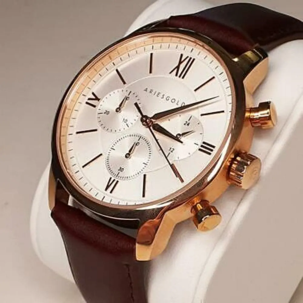 Aries Gold Urban Eternal Brown Leather Strap Men's Watch G 1027 RG-S