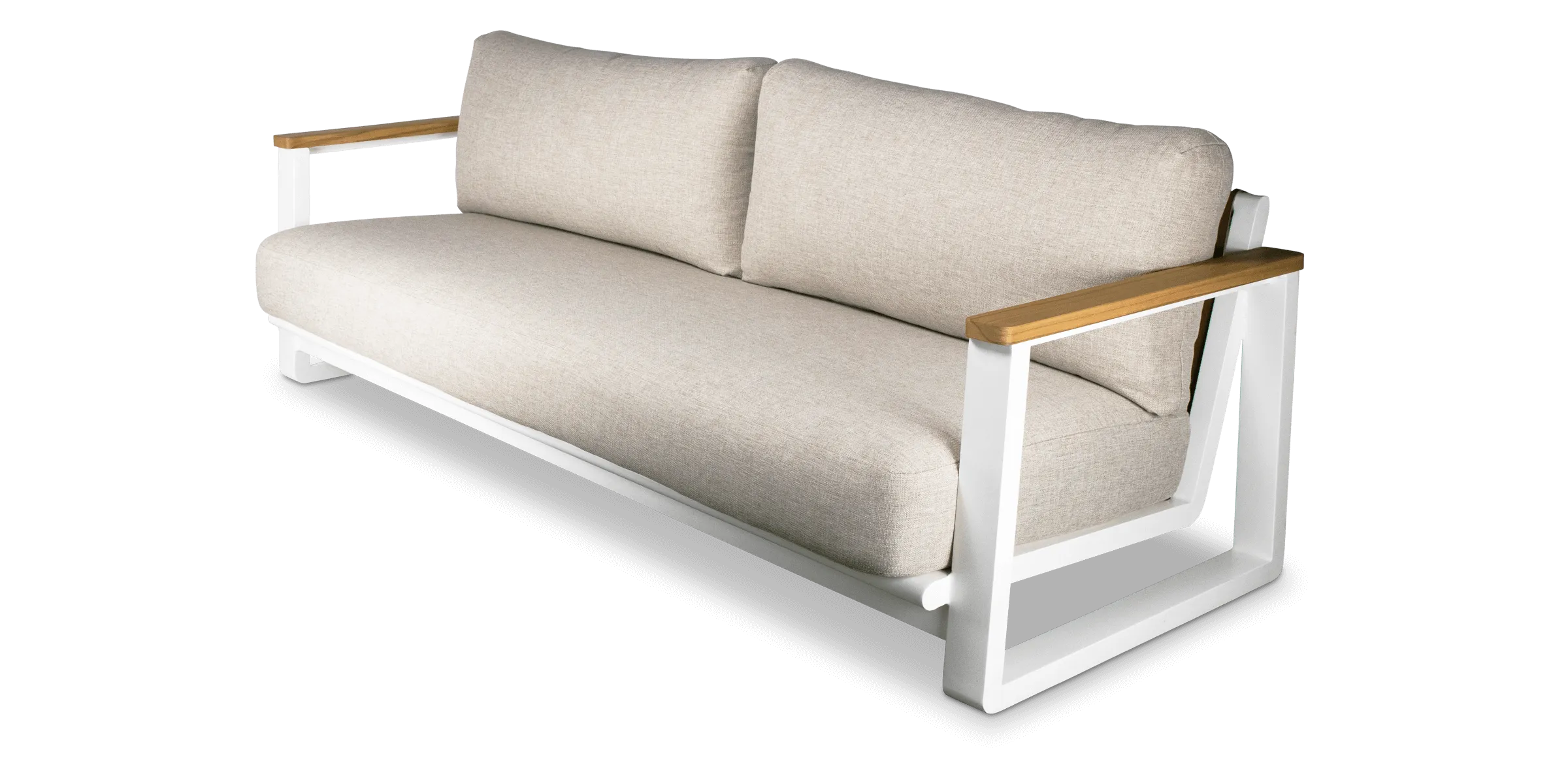 Aruba 3 Seater with Synthetic Leather Inset, Teak Arms, Stone Olefin Cushions and Aluminium Frame