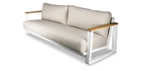 Aruba 3 Seater with Synthetic Leather Inset, Teak Arms, Stone Olefin Cushions and Aluminium Frame