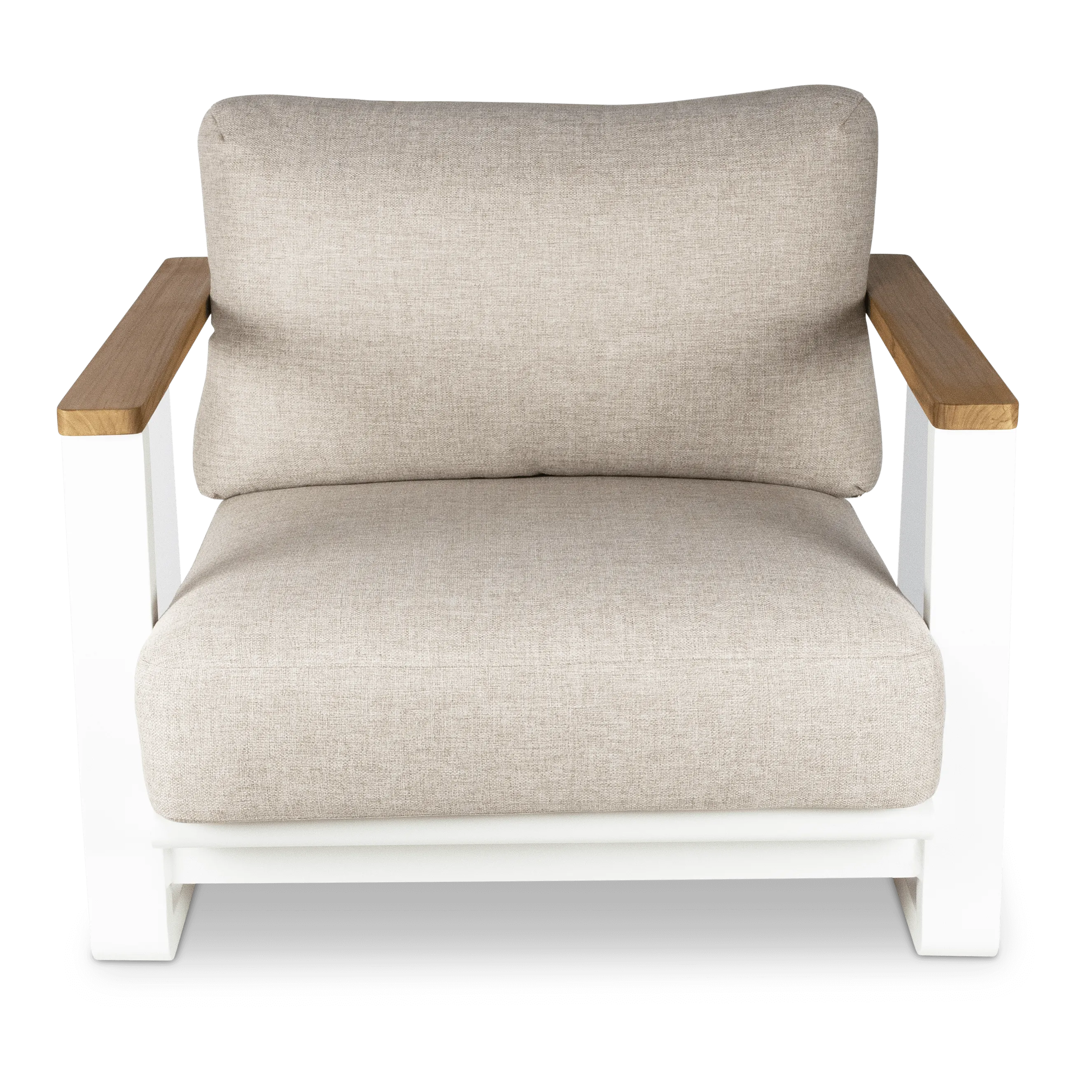 Aruba Armchair with Synthetic Leather Inset, Teak Arms, Stone Olefin Cushions and Aluminium Frame