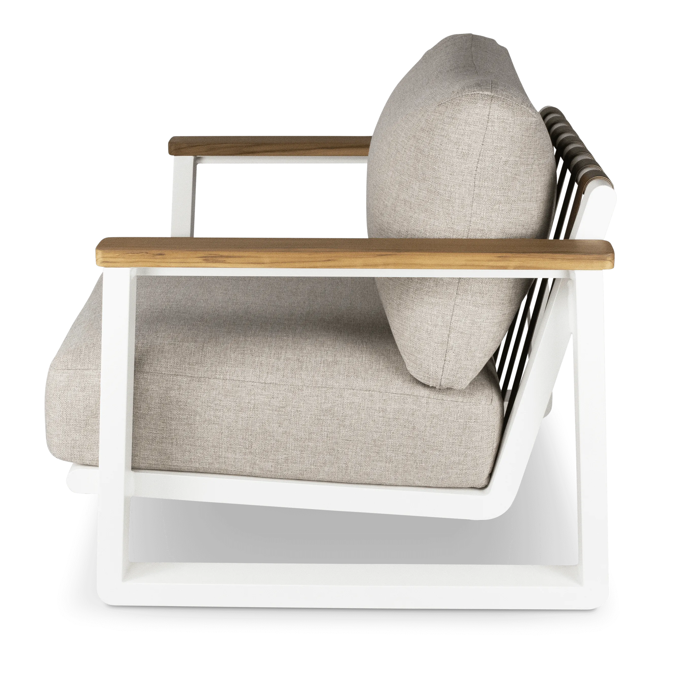 Aruba Armchair with Synthetic Leather Inset, Teak Arms, Stone Olefin Cushions and Aluminium Frame