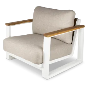 Aruba Armchair with Synthetic Leather Inset, Teak Arms, Stone Olefin Cushions and Aluminium Frame