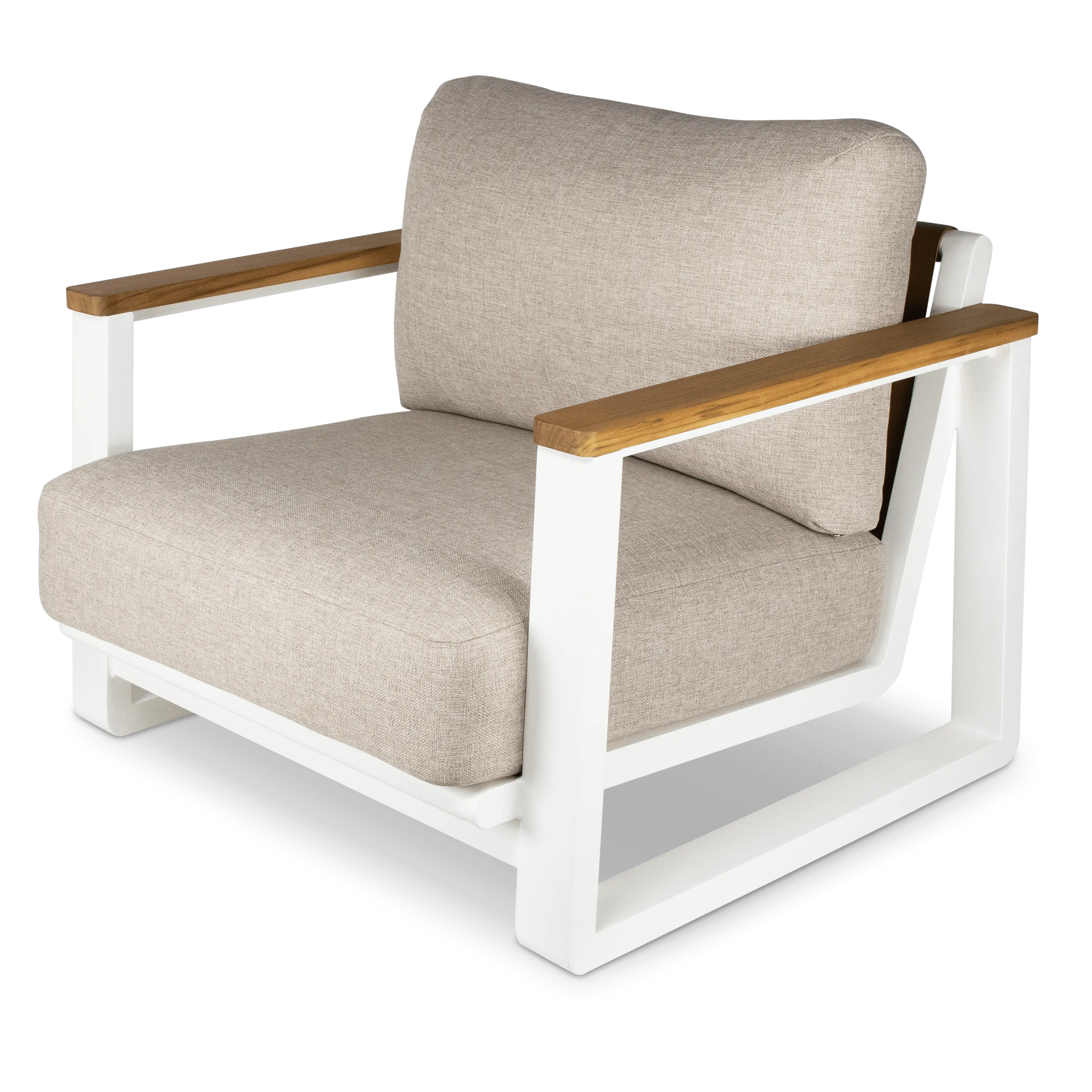 Aruba Armchair with Synthetic Leather Inset, Teak Arms, Stone Olefin Cushions and Aluminium Frame