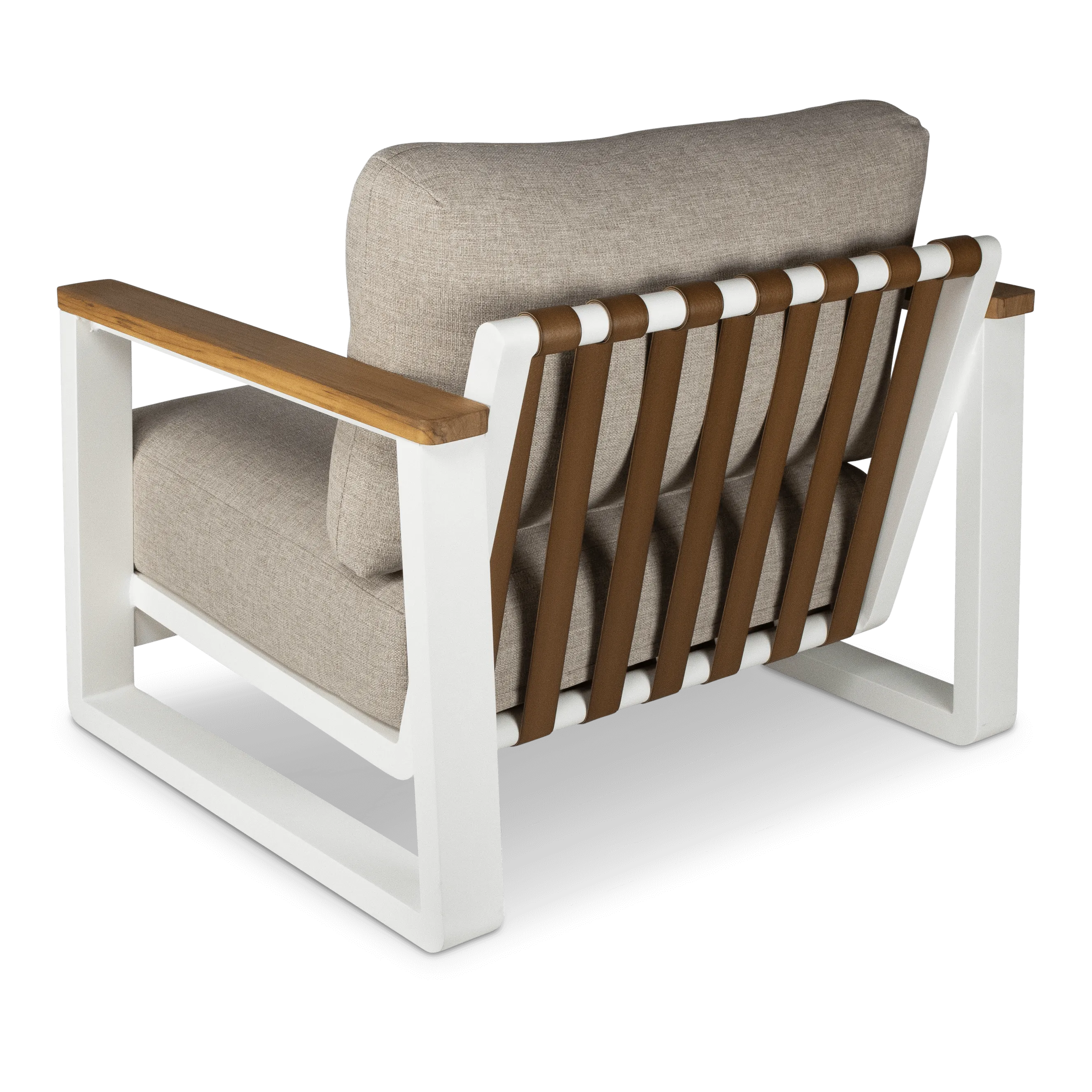 Aruba Armchair with Synthetic Leather Inset, Teak Arms, Stone Olefin Cushions and Aluminium Frame